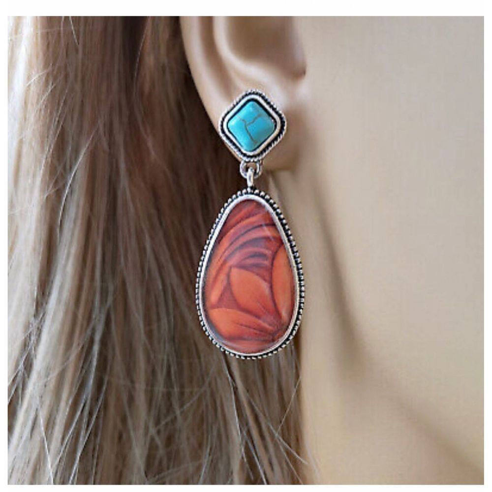 Silver  turquoise tone flower teardrop post drop earrings